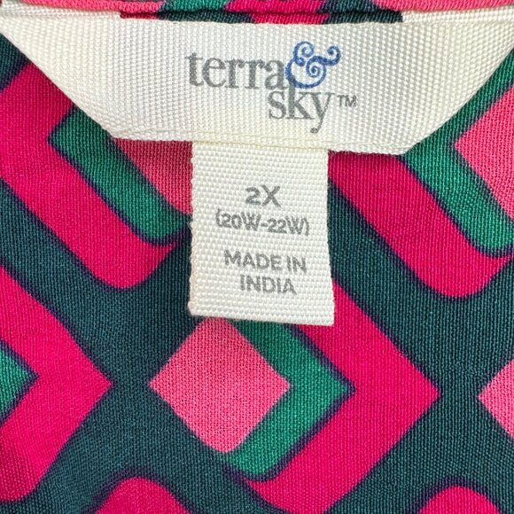 Terra & Sky Womens 2X Geometric Print Dress In Pink & Blue - Made In India - Picture 4 of 11